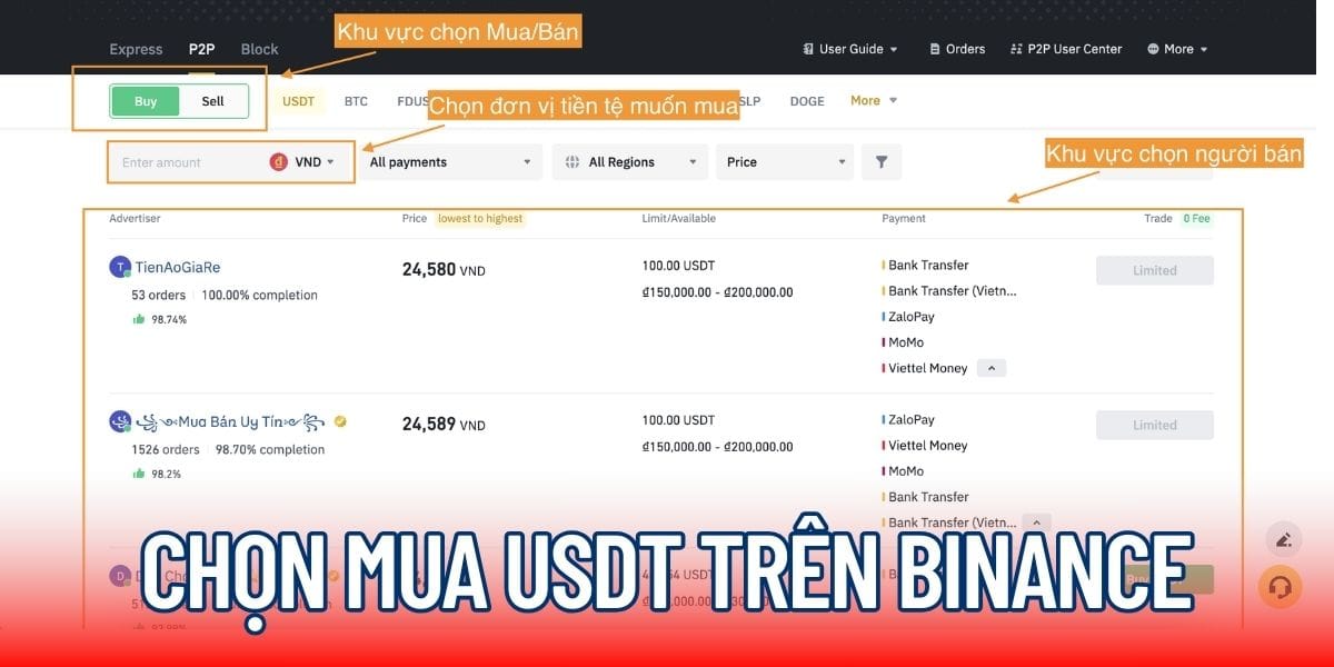 Chọn mục mua USDT trên Binance